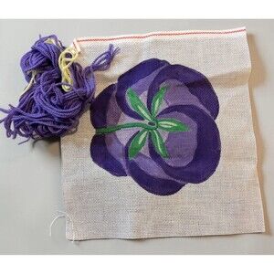 Vintage Needlepoint Canvas Incomplete Kit  Purple Pansy Flower Floral 12”x12”